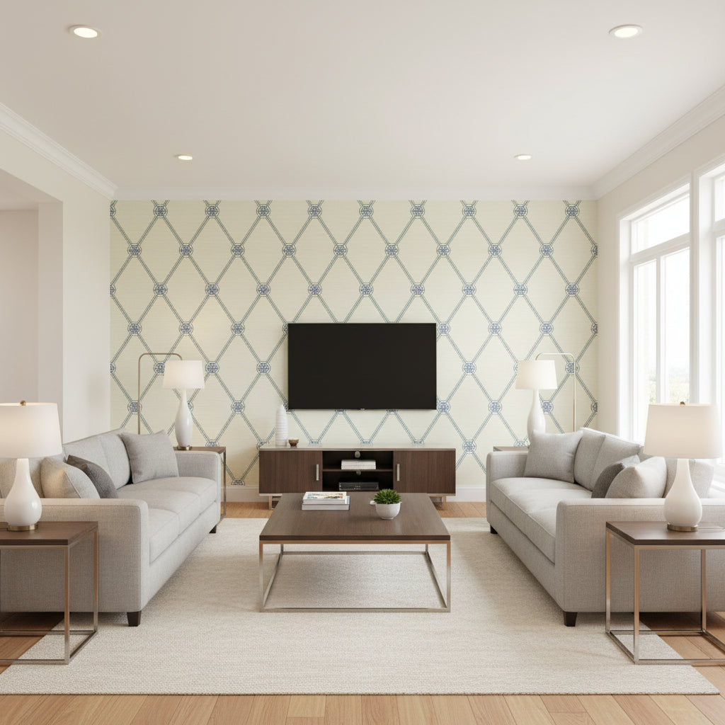 Turnberry Trellis Beige and Green | Thibaut Wallcoverings - Living Room Visualization (AI-generated, may not be to scale. Verify pattern scale with product specifications.)