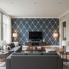 Turnberry Trellis Navy | Thibaut Wallcoverings - Living Room Visualization (AI-generated, may not be to scale. Verify pattern scale with product specifications.)