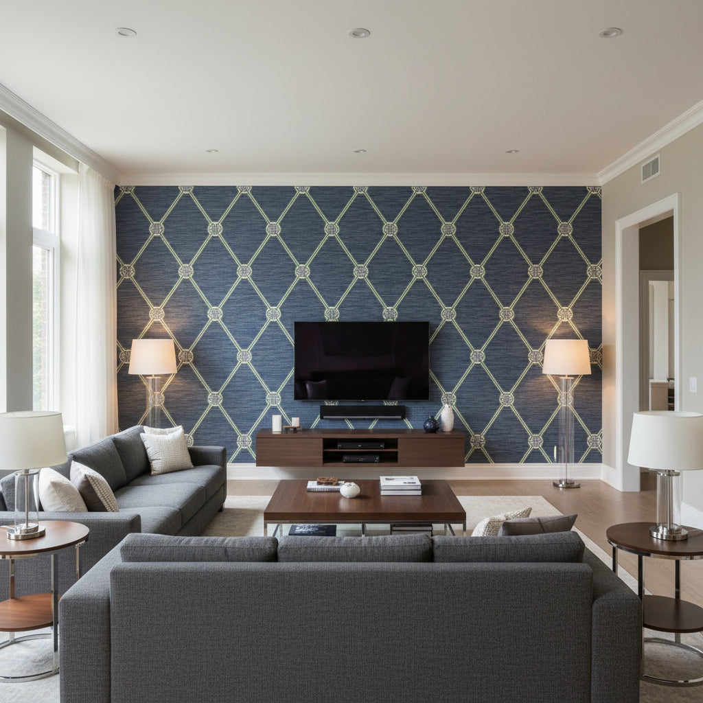 Turnberry Trellis Navy | Thibaut Wallcoverings - Living Room Visualization (AI-generated, may not be to scale. Verify pattern scale with product specifications.)