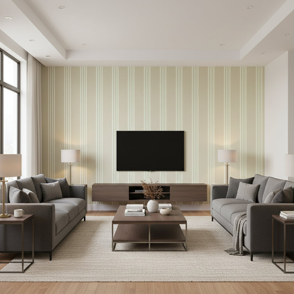 Canvas Stripe Green | Thibaut Wallcoverings - Living Room Visualization (AI-generated, may not be to scale. Verify pattern scale with product specifications.)