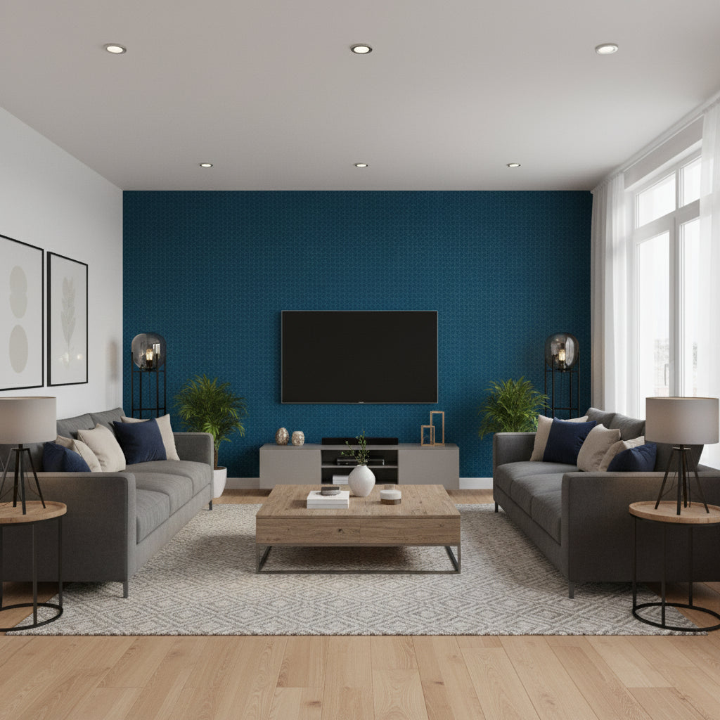 Akari Navy | Thibaut Wallcoverings - Living Room Visualization (AI-generated, may not be to scale. Verify pattern scale with product specifications.)