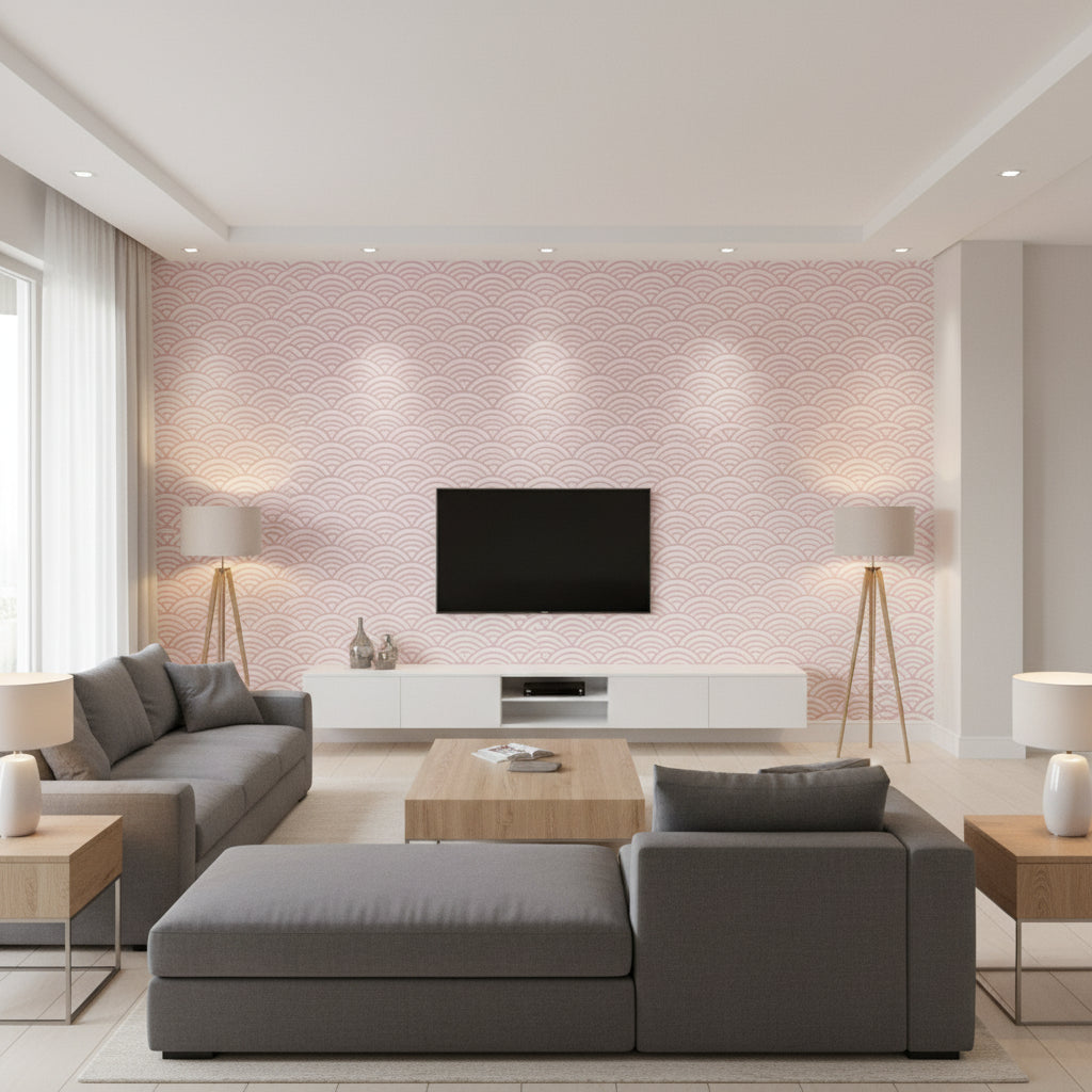 Maris Blush | Thibaut Wallcoverings - Living Room Visualization (AI-generated, may not be to scale. Verify pattern scale with product specifications.)