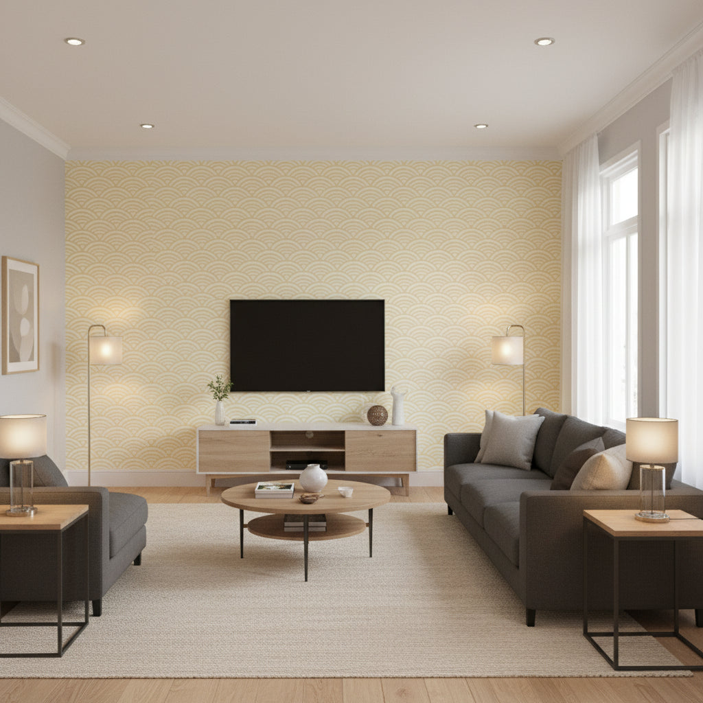 Maris Yellow | Thibaut Wallcoverings - Living Room Visualization (AI-generated, may not be to scale. Verify pattern scale with product specifications.)
