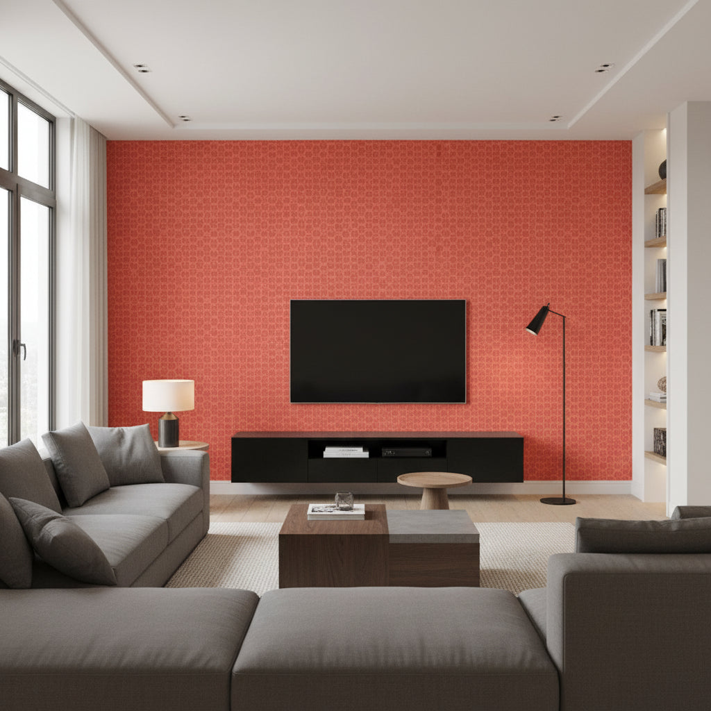 Akari Coral | Thibaut Wallcoverings - Living Room Visualization (AI-generated, may not be to scale. Verify pattern scale with product specifications.)