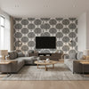 Mulberry Tree Black and White | Thibaut Wallcoverings - Living Room Visualization (AI-generated, may not be to scale. Verify pattern scale with product specifications.)