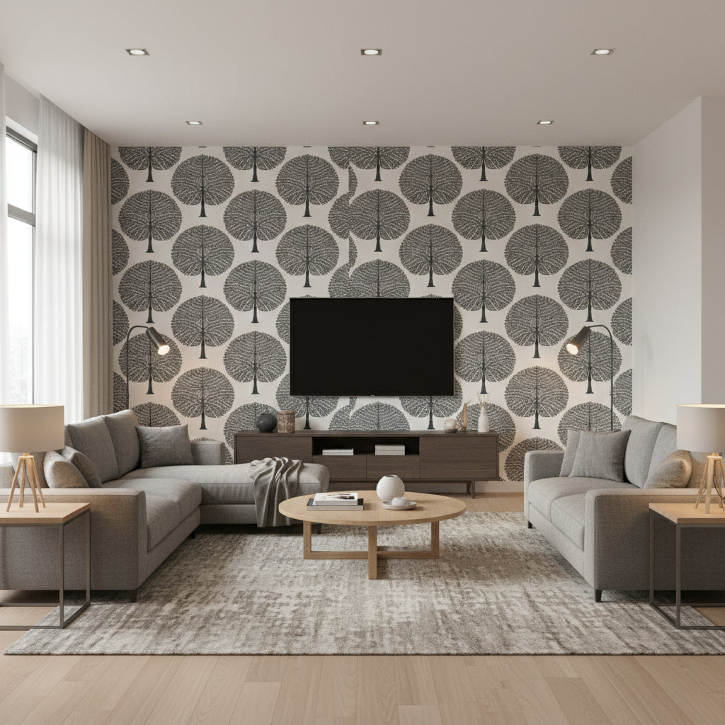 Mulberry Tree Black and White | Thibaut Wallcoverings - Living Room Visualization (AI-generated, may not be to scale. Verify pattern scale with product specifications.)