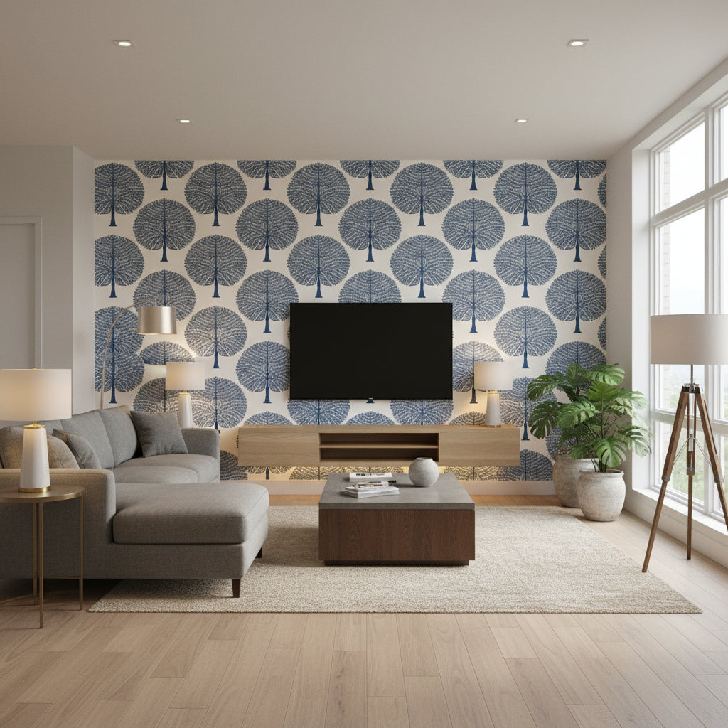 Mulberry Tree Navy | Thibaut Wallcoverings - Living Room Visualization (AI-generated, may not be to scale. Verify pattern scale with product specifications.)