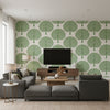 Mulberry Tree Green | Thibaut Wallcoverings - Living Room Visualization (AI-generated, may not be to scale. Verify pattern scale with product specifications.)