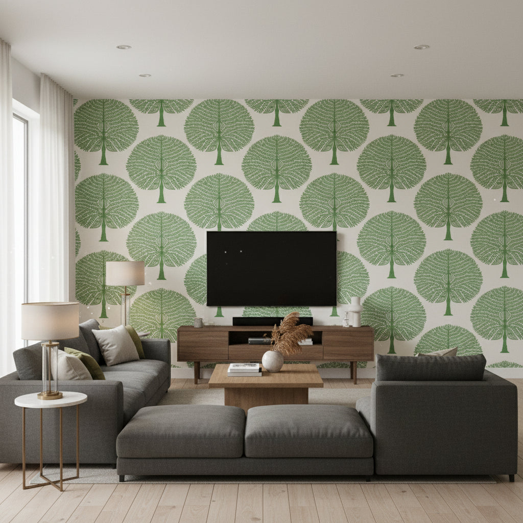 Mulberry Tree Green | Thibaut Wallcoverings - Living Room Visualization (AI-generated, may not be to scale. Verify pattern scale with product specifications.)
