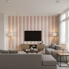 New Haven Stripe Coral | Thibaut Wallcoverings - Living Room Visualization (AI-generated, may not be to scale. Verify pattern scale with product specifications.)