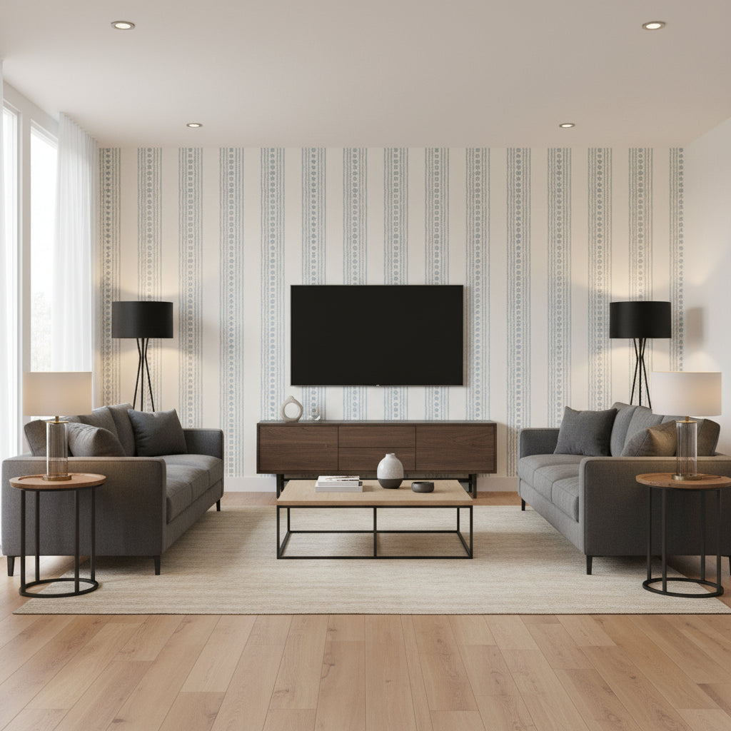 New Haven Stripe Spa Blue | Thibaut Wallcoverings - Living Room Visualization (AI-generated, may not be to scale. Verify pattern scale with product specifications.)