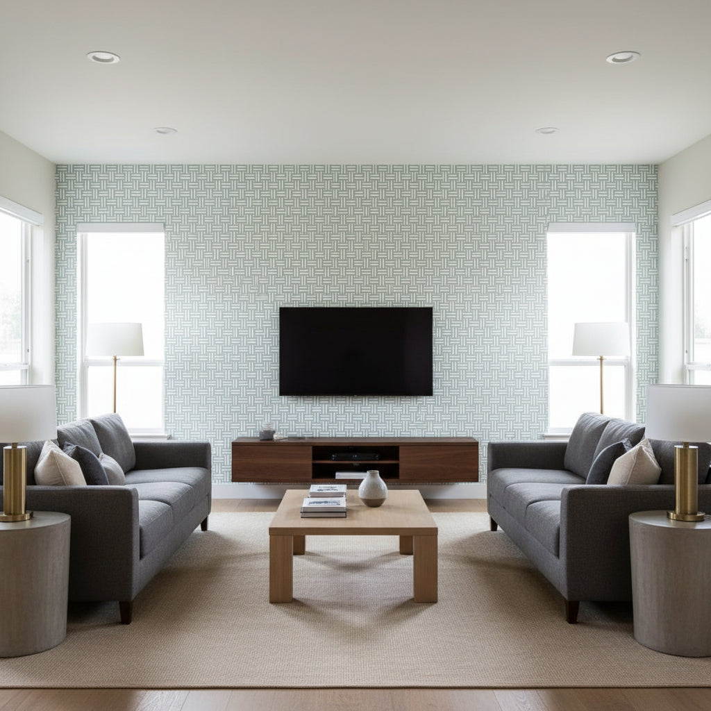 Piermont Spa Blue | Thibaut Wallcoverings - Living Room Visualization (AI-generated, may not be to scale. Verify pattern scale with product specifications.)