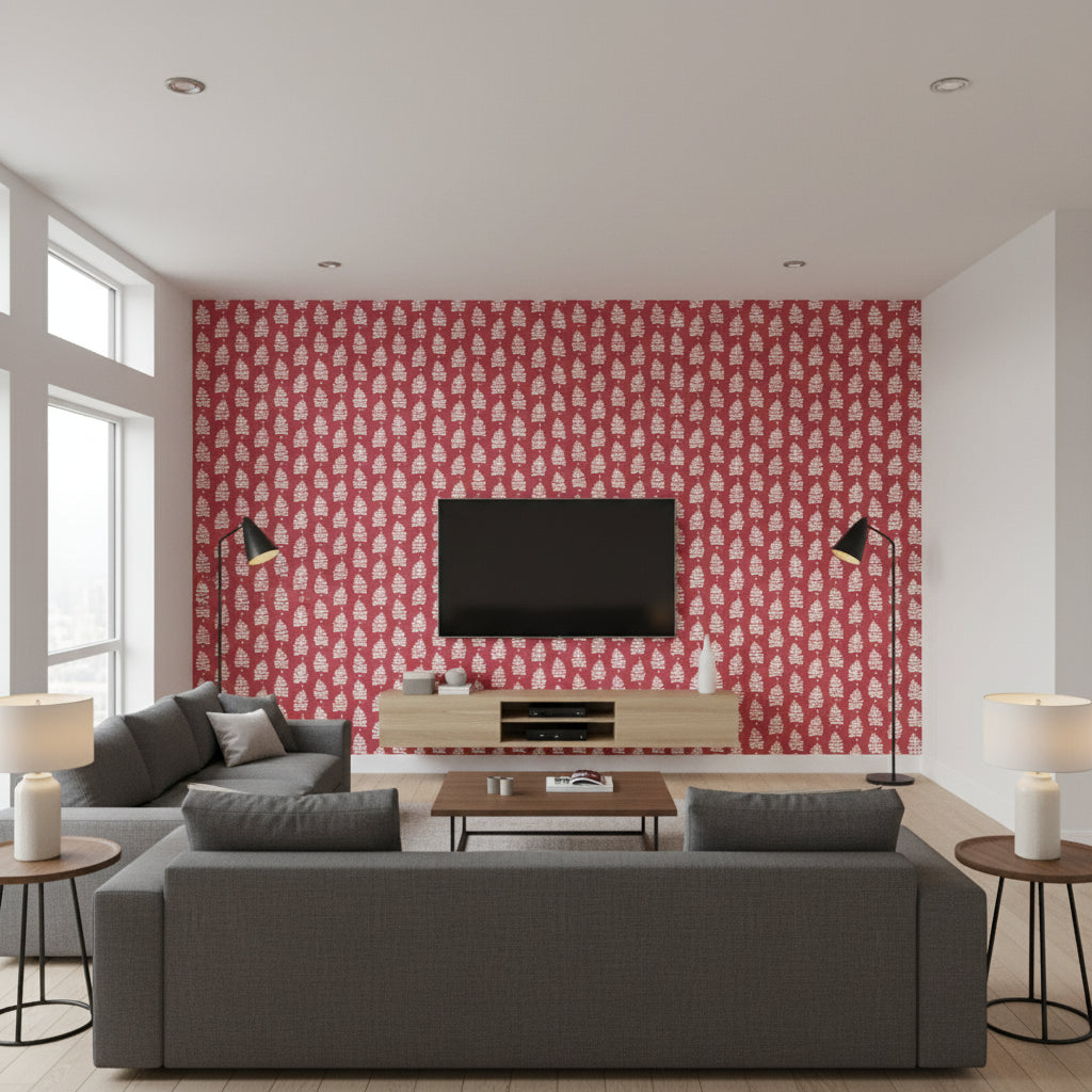 Ferndale Pink | Thibaut Wallcoverings - Living Room Visualization (AI-generated, may not be to scale. Verify pattern scale with product specifications.)