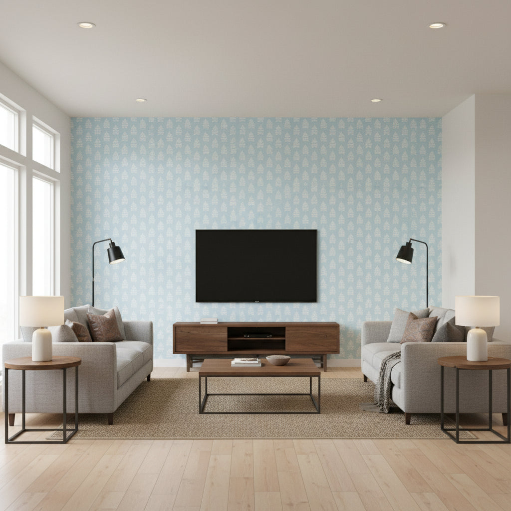 Ferndale Spa Blue | Thibaut Wallcoverings - Living Room Visualization (AI-generated, may not be to scale. Verify pattern scale with product specifications.)