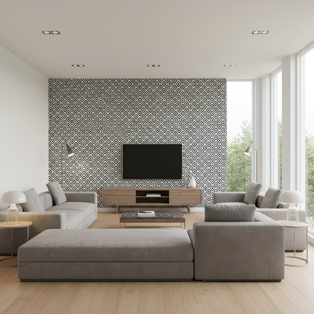 Indian Diamond Black | Thibaut Wallcoverings - Living Room Visualization (AI-generated, may not be to scale. Verify pattern scale with product specifications.)