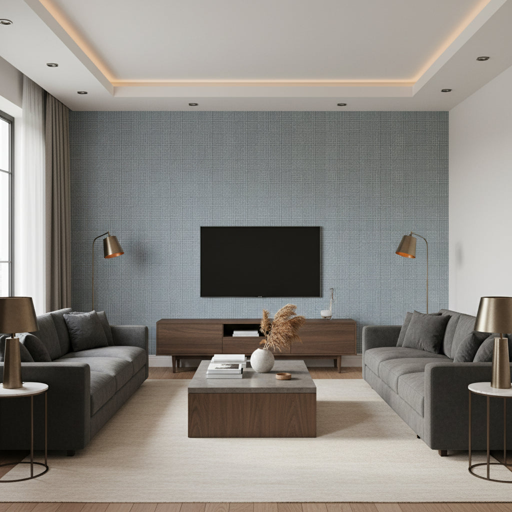 Grassmarket Check Slate Blue | Thibaut Wallcoverings - Living Room Visualization (AI-generated, may not be to scale. Verify pattern scale with product specifications.)