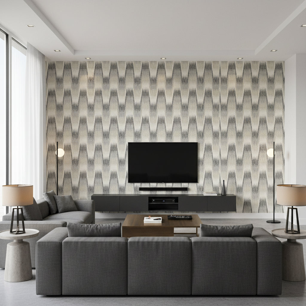 Stockholm Chevron Black and Grey | Thibaut Wallcoverings - Living Room Visualization (AI-generated, may not be to scale. Verify pattern scale with product specifications.)