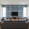 Timbuktu Navy | Thibaut Wallcoverings - Living Room Visualization (AI-generated, may not be to scale. Verify pattern scale with product specifications.)