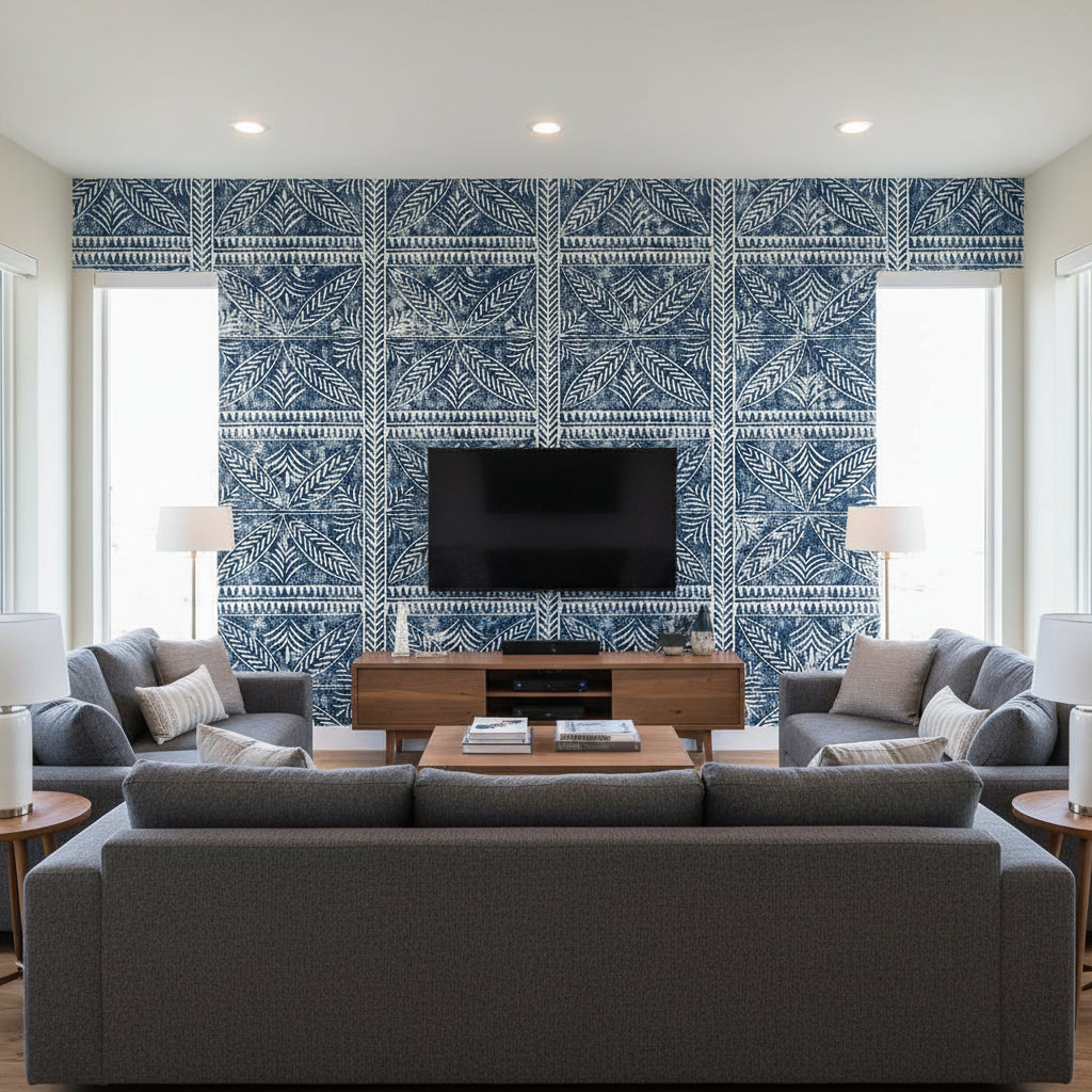 Timbuktu Navy | Thibaut Wallcoverings - Living Room Visualization (AI-generated, may not be to scale. Verify pattern scale with product specifications.)