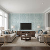 Timbuktu Slate Blue | Thibaut Wallcoverings - Living Room Visualization (AI-generated, may not be to scale. Verify pattern scale with product specifications.)