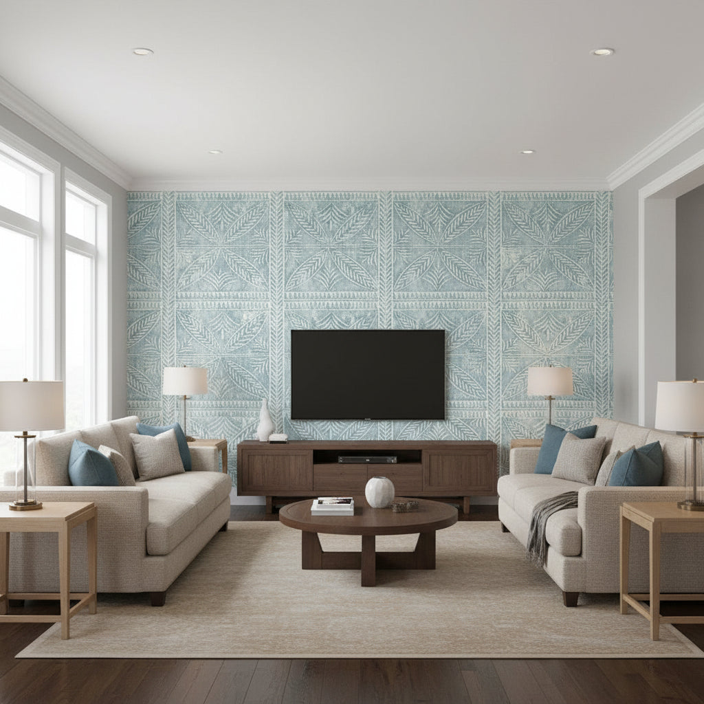 Timbuktu Slate Blue | Thibaut Wallcoverings - Living Room Visualization (AI-generated, may not be to scale. Verify pattern scale with product specifications.)