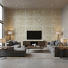 Timbuktu Beige | Thibaut Wallcoverings - Living Room Visualization (AI-generated, may not be to scale. Verify pattern scale with product specifications.)