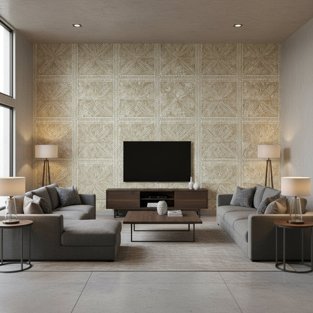 Timbuktu Beige | Thibaut Wallcoverings - Living Room Visualization (AI-generated, may not be to scale. Verify pattern scale with product specifications.)