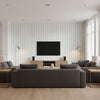 Notch Stripe Slate Blue | Thibaut Wallcoverings - Living Room Visualization (AI-generated, may not be to scale. Verify pattern scale with product specifications.)