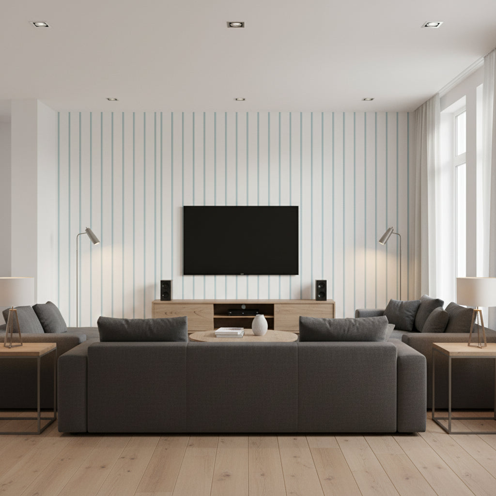 Notch Stripe Slate Blue | Thibaut Wallcoverings - Living Room Visualization (AI-generated, may not be to scale. Verify pattern scale with product specifications.)