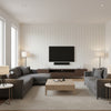 Notch Stripe Flax | Thibaut Wallcoverings - Living Room Visualization (AI-generated, may not be to scale. Verify pattern scale with product specifications.)