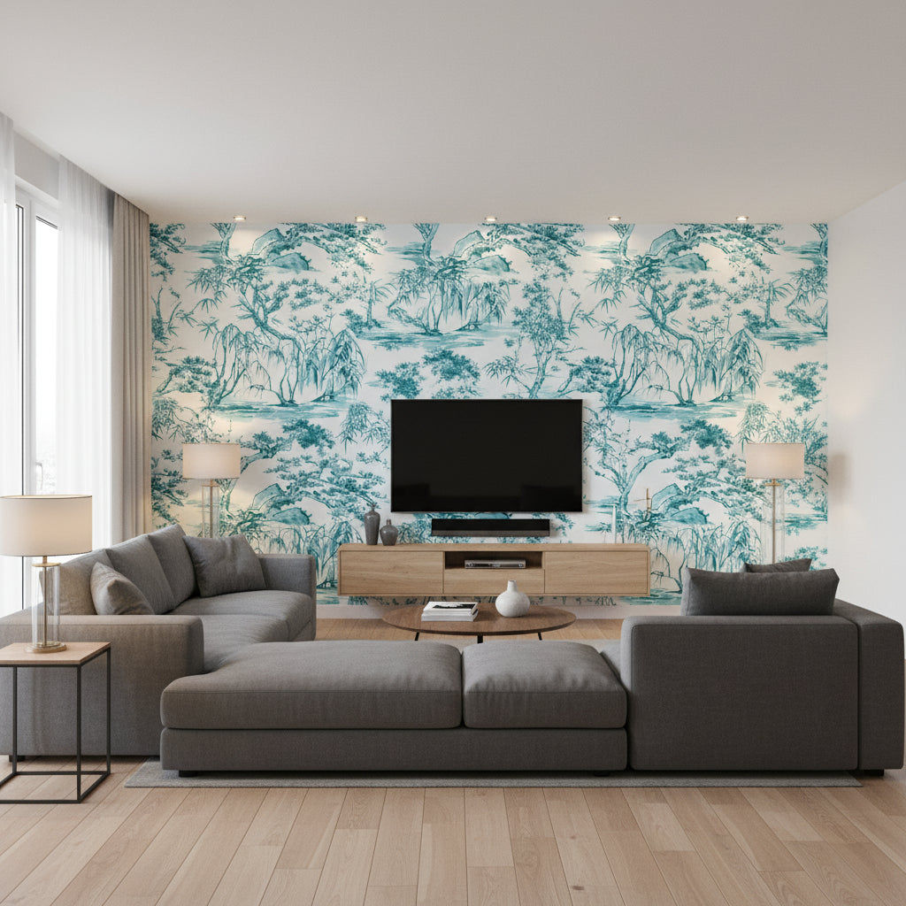 Kyoto Asian Branches Robin'S Egg Aqua Wallpaper | Thibaut - Living Room Visualization (AI-generated, may not be to scale. Verify pattern scale with product specifications.)