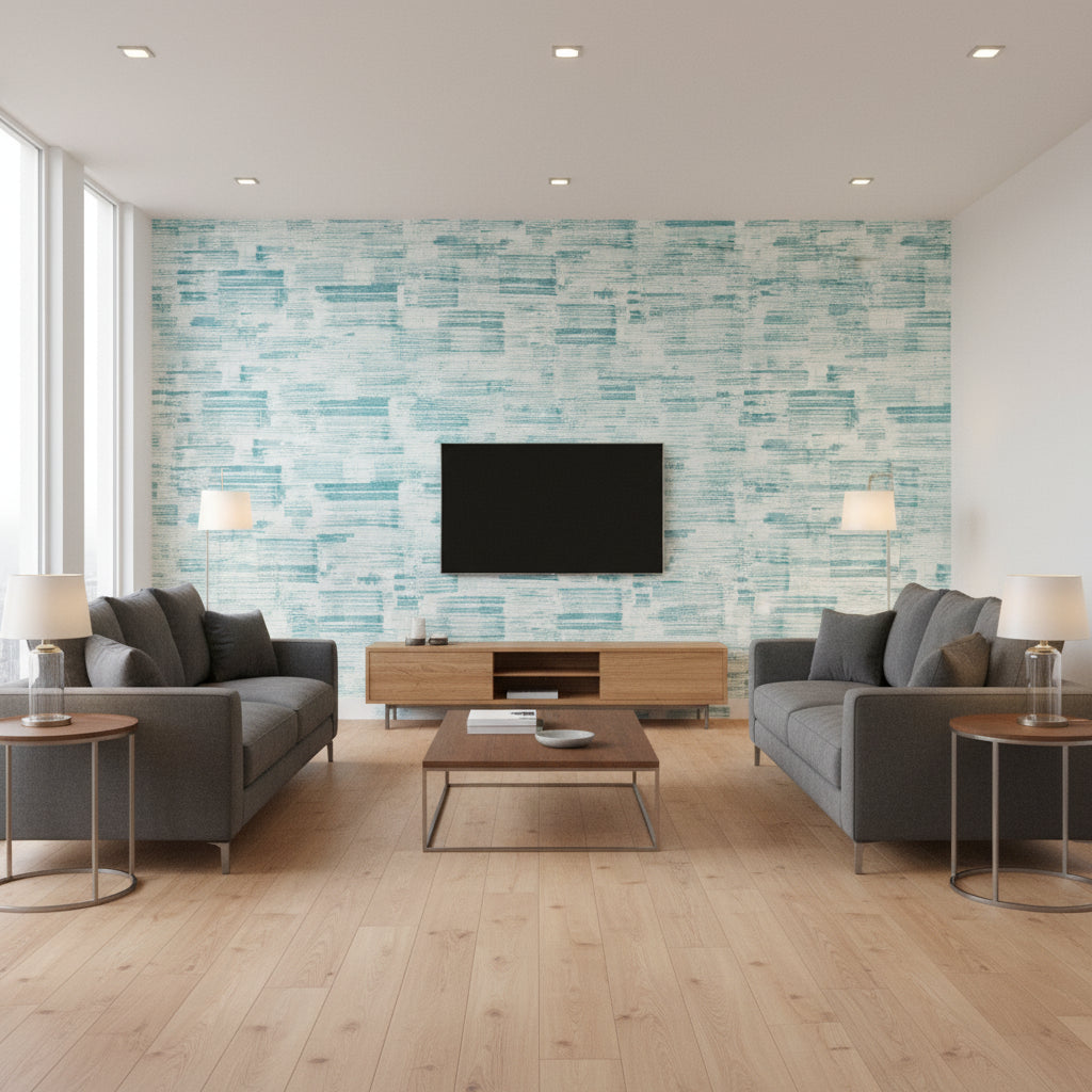Shadows Brushstrokes Robin'S Egg Aqua Wallpaper | Thibaut - Living Room Visualization (AI-generated, may not be to scale. Verify pattern scale with product specifications.)