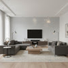 Charlotte Geomteric Fret Natural Raffia Slate Blue Wallpaper | Thibaut - Living Room Visualization (AI-generated, may not be to scale. Verify pattern scale with product specifications.)