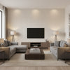 Charlotte Geomteric Fret Natural Raffia Light Taupe Wallpaper | Thibaut - Living Room Visualization (AI-generated, may not be to scale. Verify pattern scale with product specifications.)