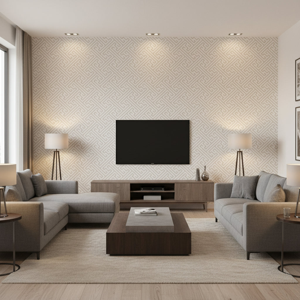Charlotte Geomteric Fret Natural Raffia Light Taupe Wallpaper | Thibaut - Living Room Visualization (AI-generated, may not be to scale. Verify pattern scale with product specifications.)