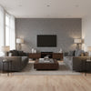 Charlotte Geomteric Fret Natural Raffia Black, Metallic Silver Wallpaper | Thibaut - Living Room Visualization (AI-generated, may not be to scale. Verify pattern scale with product specifications.)