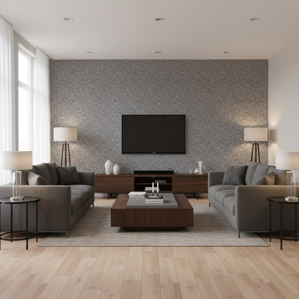 Charlotte Geomteric Fret Natural Raffia Black, Metallic Silver Wallpaper | Thibaut - Living Room Visualization (AI-generated, may not be to scale. Verify pattern scale with product specifications.)