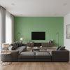 Charlotte Geomteric Fret Natural Raffia Green, Blue Wallpaper | Thibaut - Living Room Visualization (AI-generated, may not be to scale. Verify pattern scale with product specifications.)