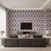 Kimono Geometric Eggplant Wallpaper | Thibaut - Living Room Visualization (AI-generated, may not be to scale. Verify pattern scale with product specifications.)