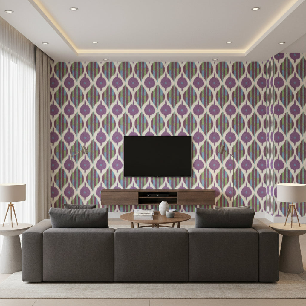 Kimono Geometric Eggplant Wallpaper | Thibaut - Living Room Visualization (AI-generated, may not be to scale. Verify pattern scale with product specifications.)