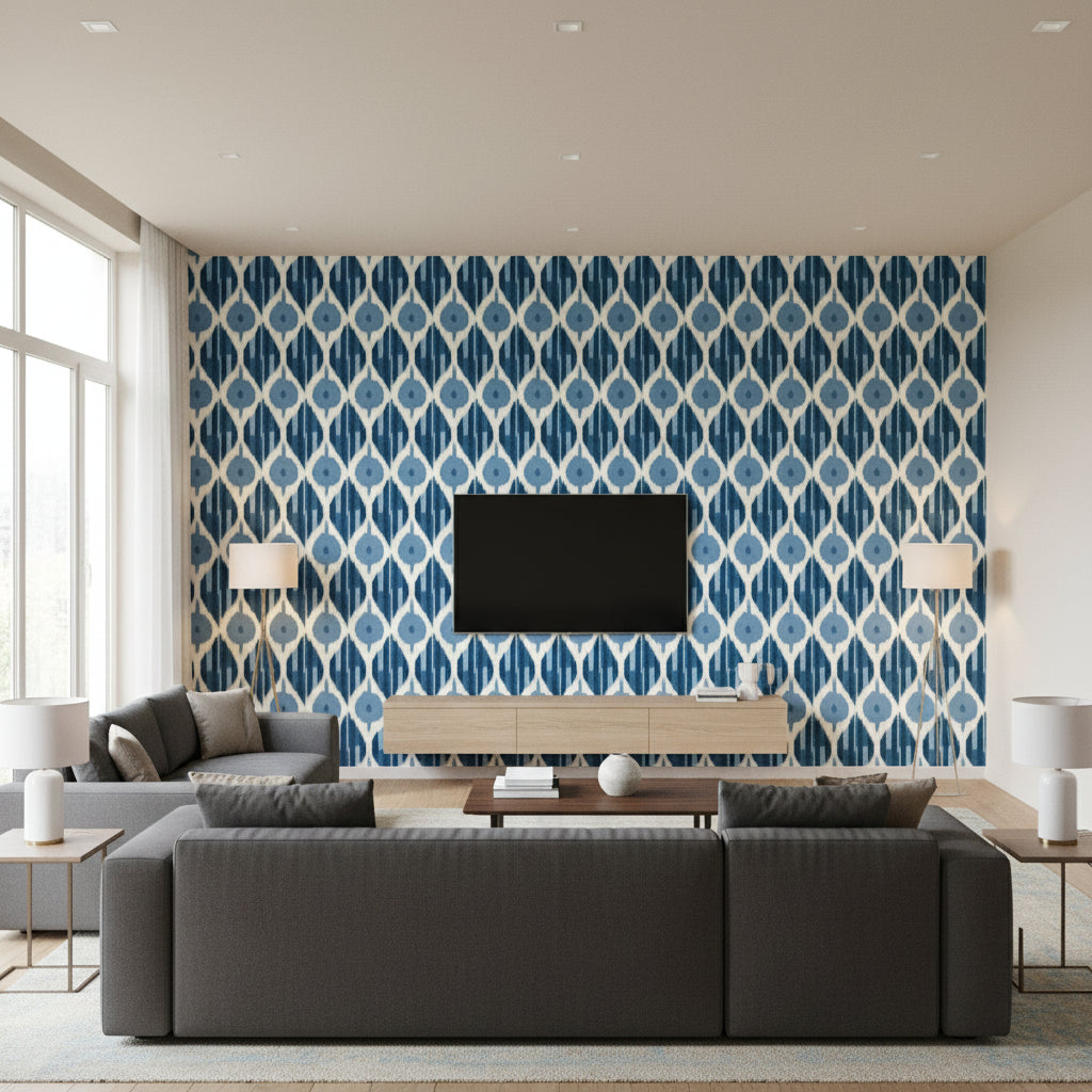 Kimono Geometric Navy Wallpaper | Thibaut - Living Room Visualization (AI-generated, may not be to scale. Verify pattern scale with product specifications.)