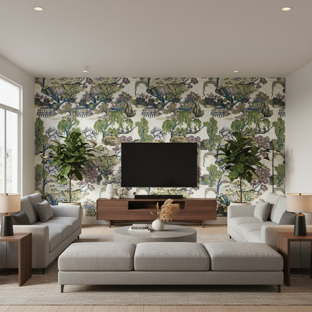 Asian Scenic Purple and Blue | Thibaut Wallcoverings - Living Room Visualization (AI-generated, may not be to scale. Verify pattern scale with product specifications.)