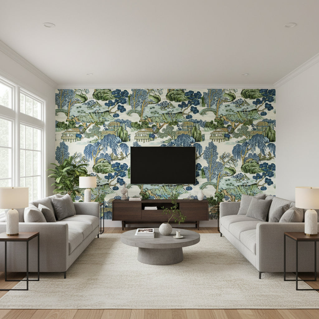 Asian Scenic Blue and Green | Thibaut Wallcoverings - Living Room Visualization (AI-generated, may not be to scale. Verify pattern scale with product specifications.)