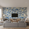 Honshu Blue and Beige | Thibaut Wallcoverings - Living Room Visualization (AI-generated, may not be to scale. Verify pattern scale with product specifications.)