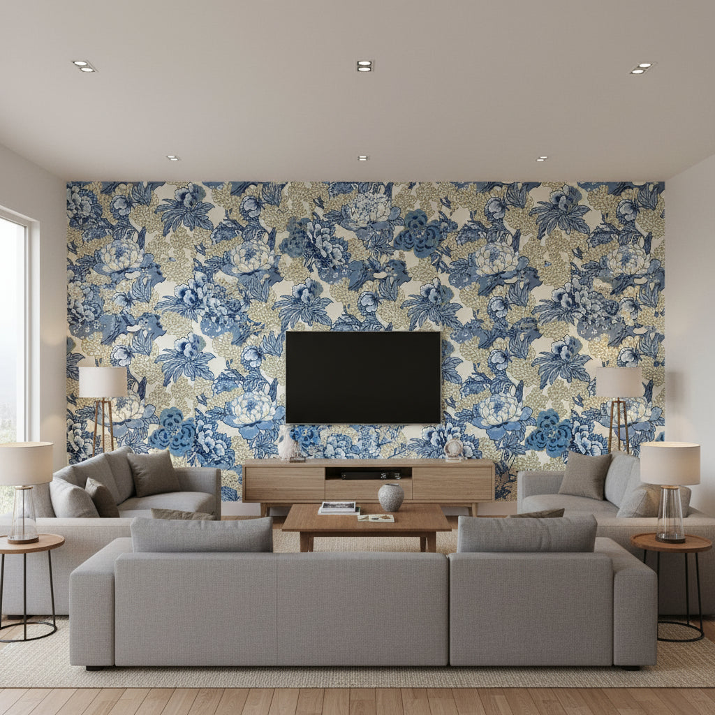 Honshu Blue and Beige | Thibaut Wallcoverings - Living Room Visualization (AI-generated, may not be to scale. Verify pattern scale with product specifications.)