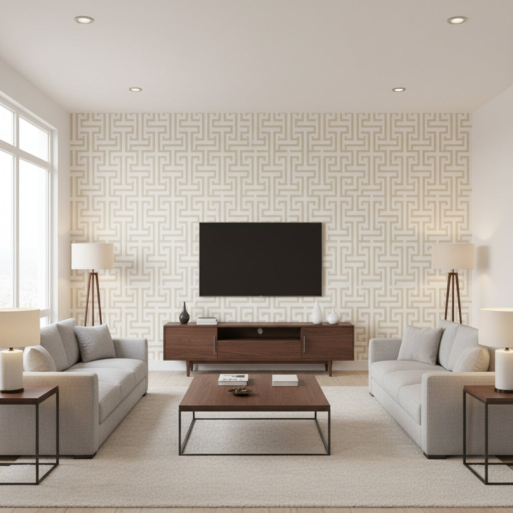 Ming Trail Beige | Thibaut Wallcoverings - Living Room Visualization (AI-generated, may not be to scale. Verify pattern scale with product specifications.)