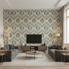 Midland Grey | Thibaut Wallcoverings - Living Room Visualization (AI-generated, may not be to scale. Verify pattern scale with product specifications.)