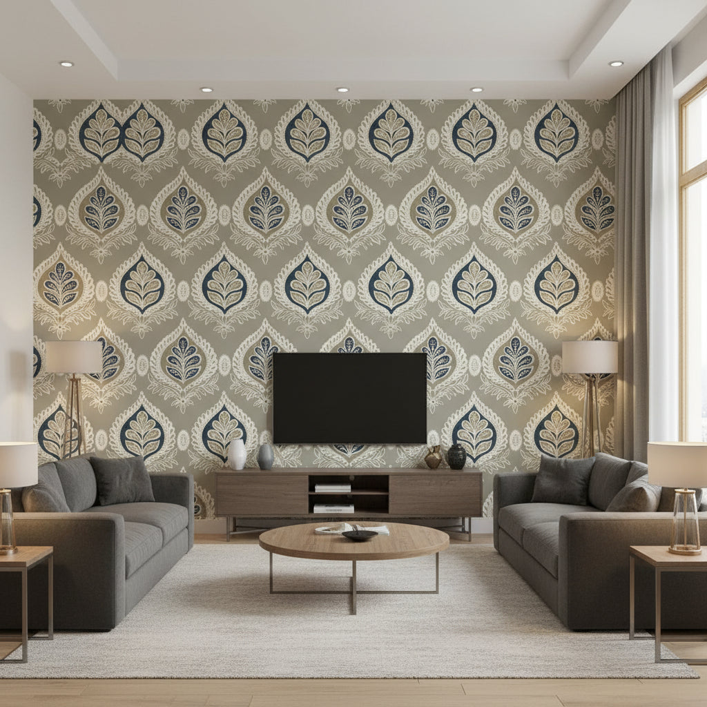 Midland Grey | Thibaut Wallcoverings - Living Room Visualization (AI-generated, may not be to scale. Verify pattern scale with product specifications.)