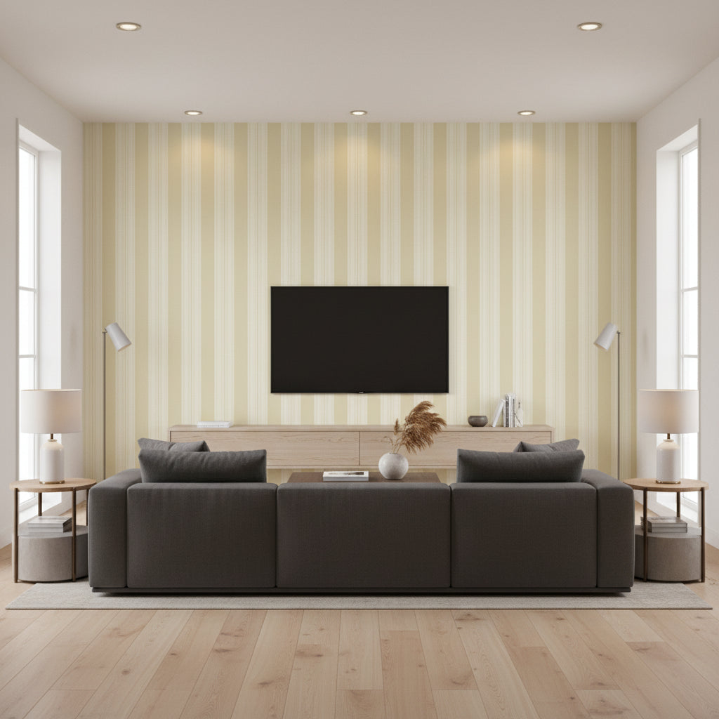 Deck Stripe Tan | Thibaut Wallcoverings - Living Room Visualization (AI-generated, may not be to scale. Verify pattern scale with product specifications.)
