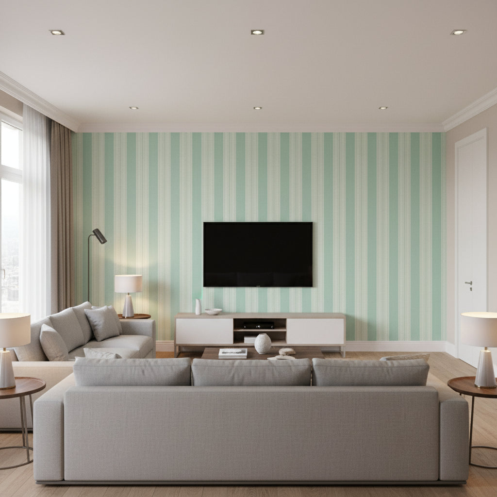 Deck Stripe Aqua | Thibaut Wallcoverings - Living Room Visualization (AI-generated, may not be to scale. Verify pattern scale with product specifications.)